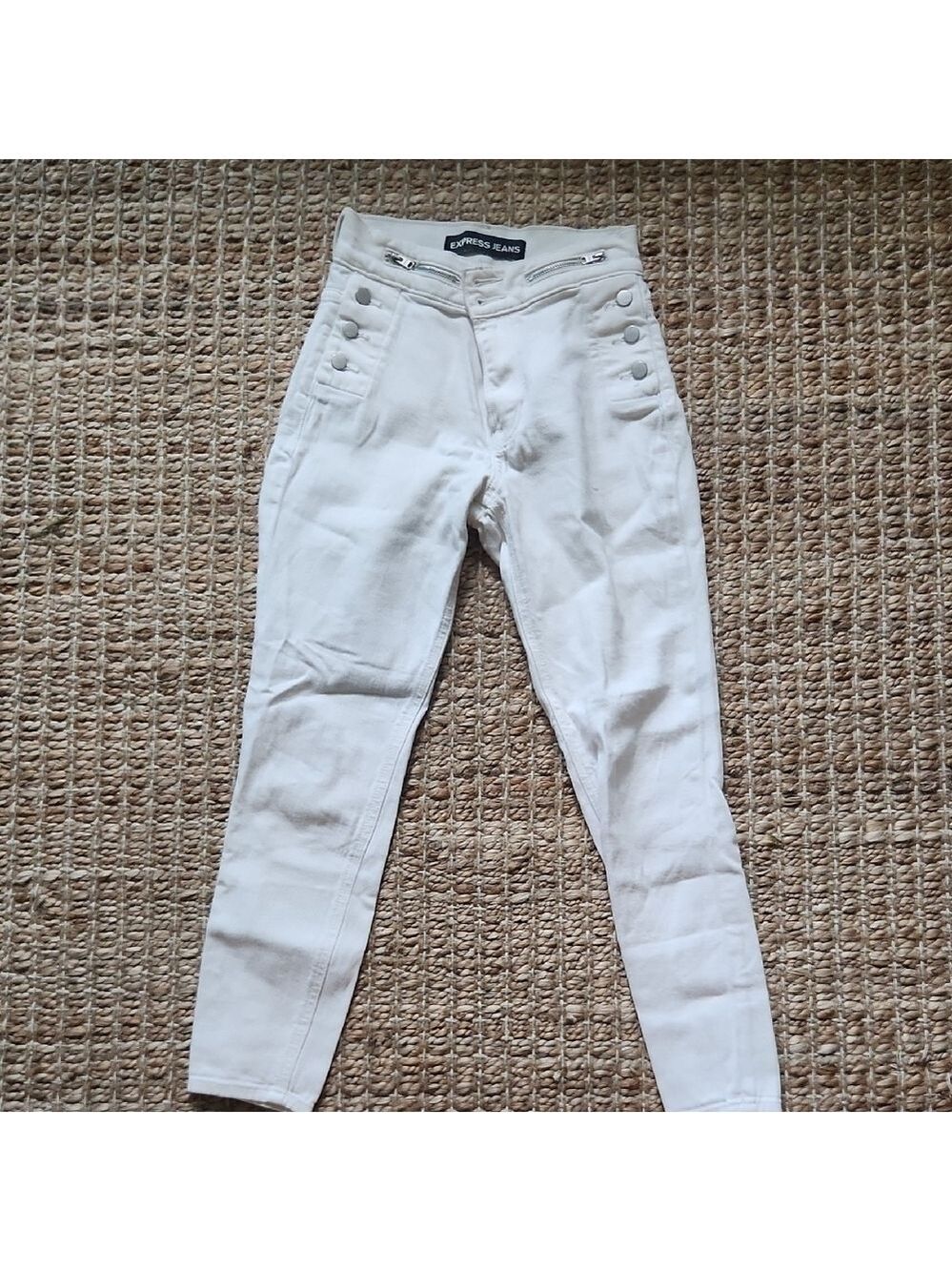 Express High Rise White Sailor Buttoned Summer Straight Leg Jeans